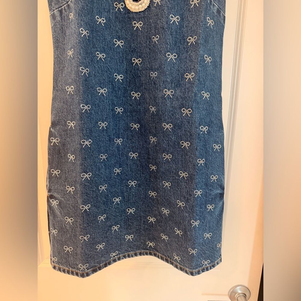 NWOT Self-Portrait DENIM DIAMANTE BOW MINI DRESS - Picture 9 of 16